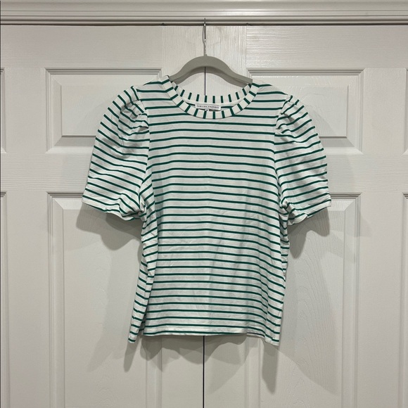 ENGLISH FACTORY Stripe Knit Shirt Womens Green White Puff Short Sleeves Size 1X - Picture 1 of 5